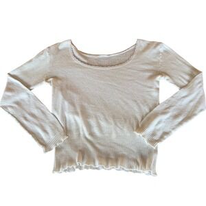 Vintage Style Pointelle Knit Top Lace Trim Lettuce Edge Coquette Cream Small